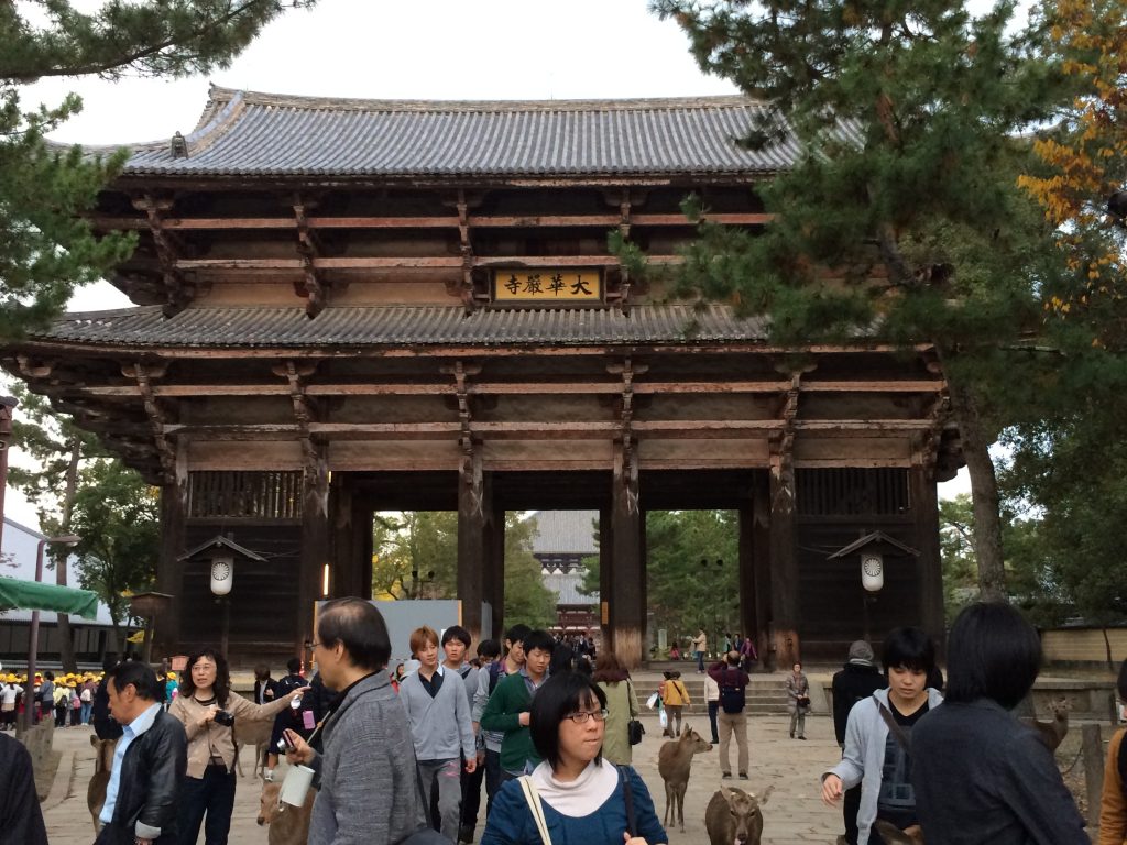 An ENORMOUS wooden gate. The people walking through it look like ants.