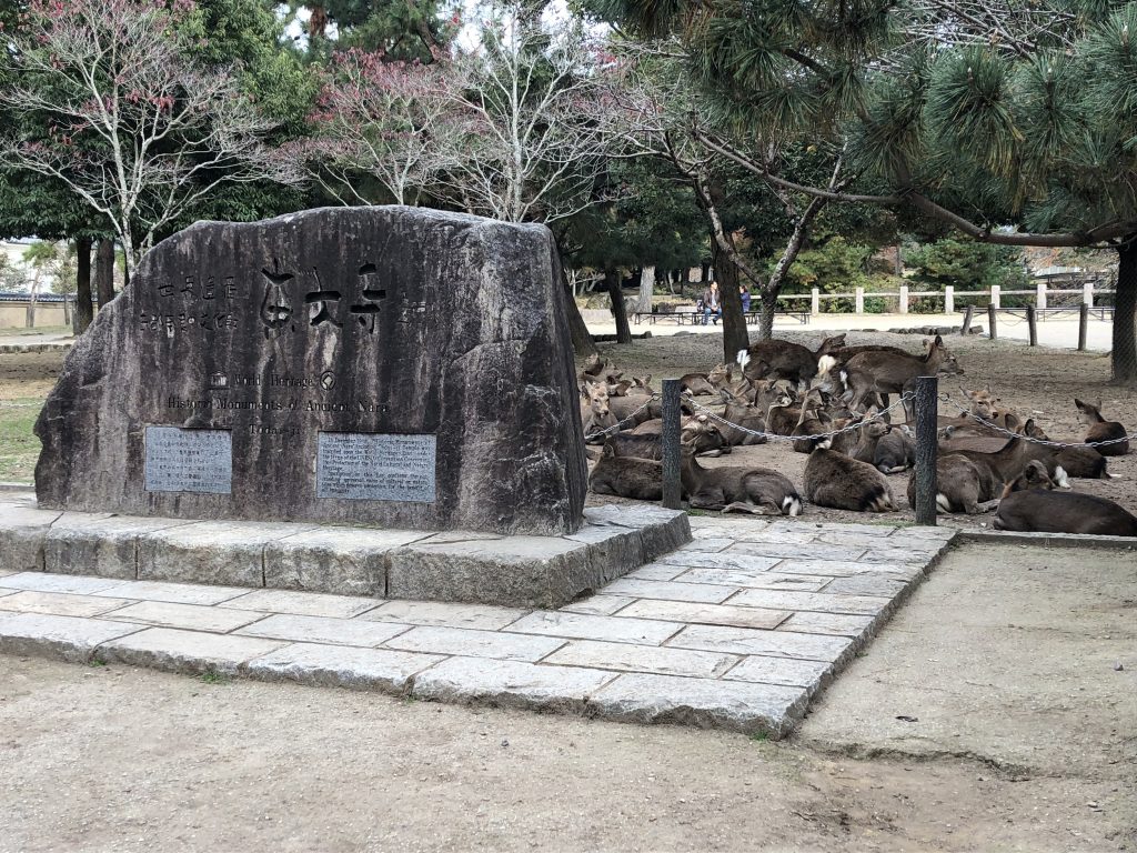 A large stone with "Todaiji" carved into it and a good dozen deer sleeping behind it.