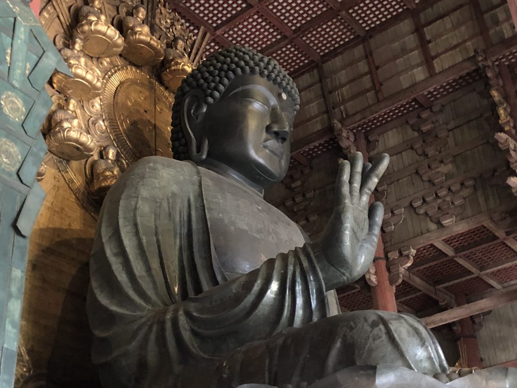 A side view of the seated daibutsu. His hand is outstretched in the "no fear" gesture and he is gazing downward at visitors.