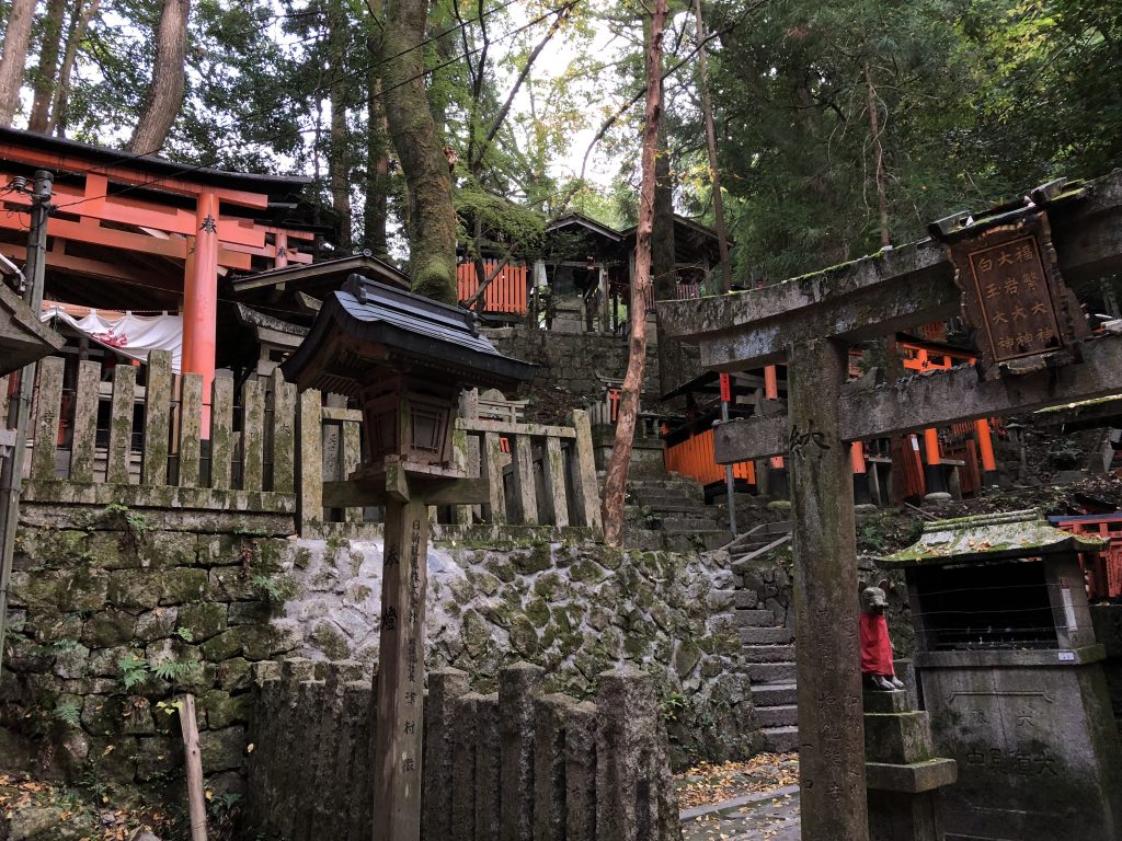 A small shrine with torii stacked all over it.